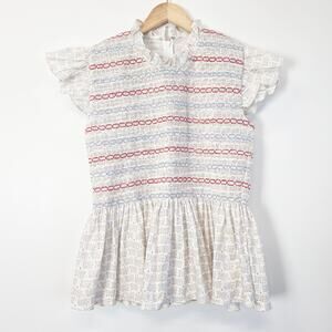 Dondolo Smocked Flutter Sleeve White Floral Embroidered Knit Top XXL Boho